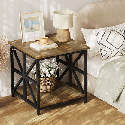 24" End Table with Storage, 2-Tier Side Table with Open Shelves for Living Room, Bedroom Nightstand, Farmhouse Accent Table, Grey Wash