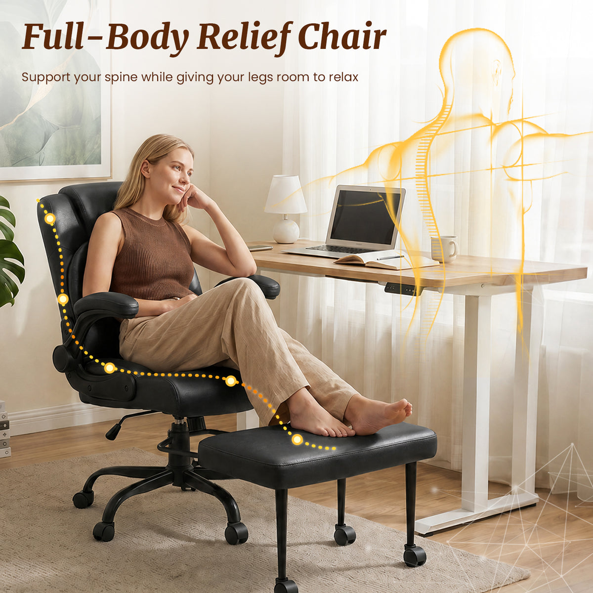 Cross Legged Office Chair with Arms, Wide Criss Cross Chair with Wheels, 360° Rotating Footrest, Height Adjustable Swivel Chair for ADHD,  Ergonomic Office Chair for Home Office Relaxing