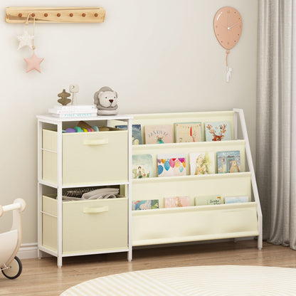 Kids Bookshelf with 3-Tier Front-Facing Book Display, 2 Storage Bins and Bottom Cabinet, Children's Bookcase Organizer for Bedroom, Playroom and Nursery