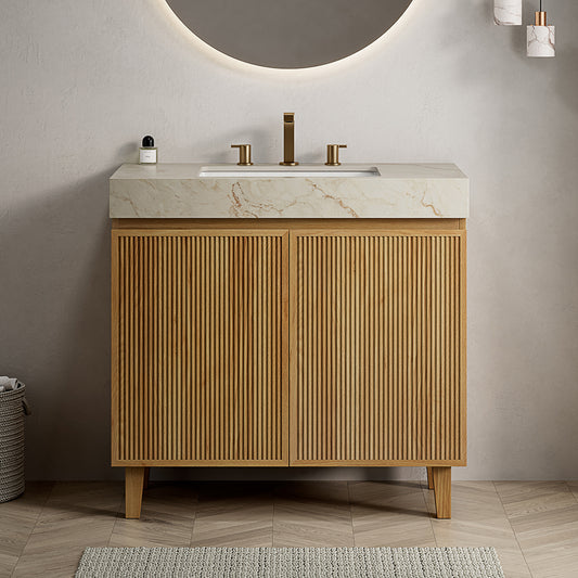 LULA 36" Bathroom Vanity&Sink,Freestanding Cabinet,Cream Gold Vein Sintered Stone Top&Ceramic Basin with 3 Pre-drilled Faucet Holes,Disassembled,NO Faucet and Drain Set, Natural Woodgrain Color