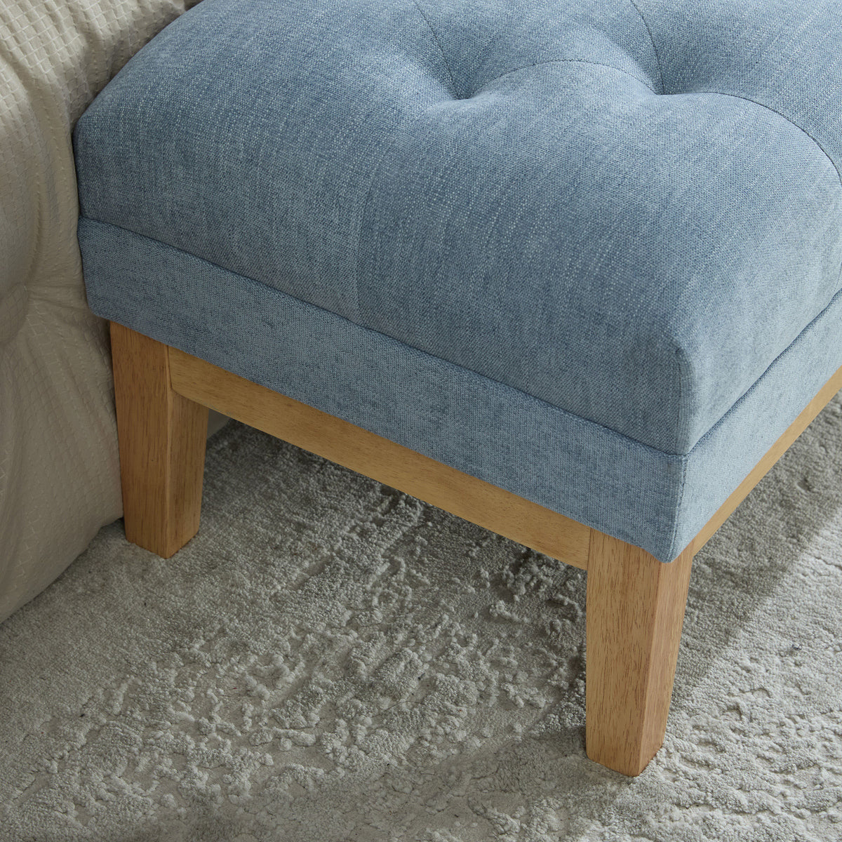 63'' Wide Upholstered Chenille Accent End of Bed Bench Ottoman With Nature-finished Rubberwood Legs, Tufted Footstool with Padded Seat for Window Entryway Living Room Bedroom Dining Hallway, Blue