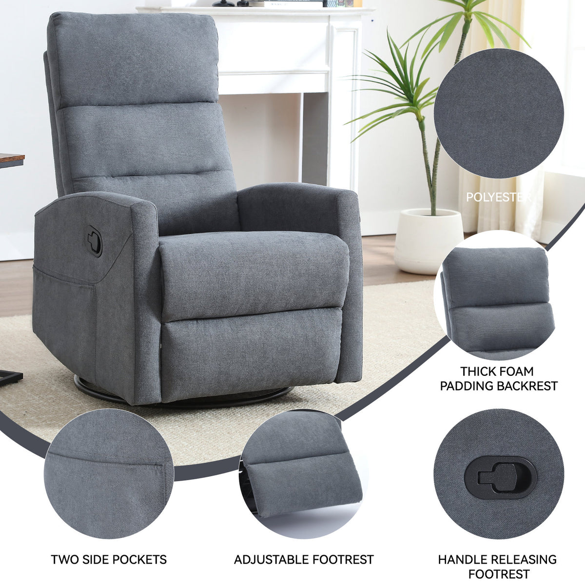 Manual Recliner Chair with Rocker and Swivel in Fabric, Grey