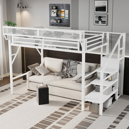 Twin XL Size Loft Bed with Stairs, Metal Full Loft Bed with Storage Shelves, High Loft Bed with Wardrobe for Kids Teens,White(Old Sku W2580S00050)