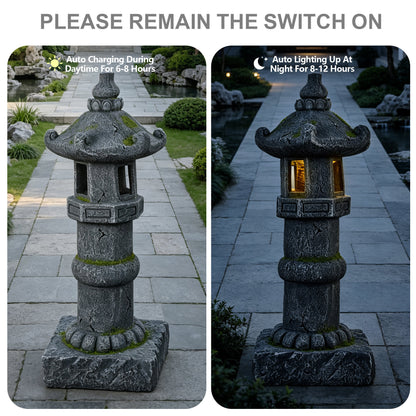 Magnesium Oxide Solar Pagoda Garden Statue with Warm LED Light, Oriental Stone Tower Lantern Outdoor Yard Patio Decor Ornament, Ideal Gift, 27.56'