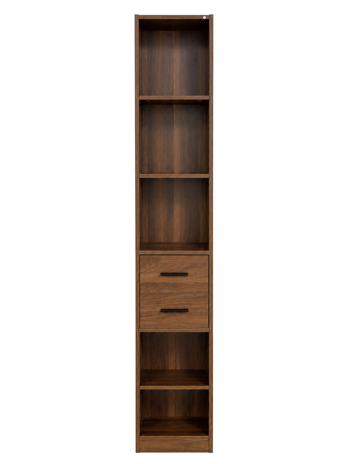 Tall Narrow Bookshelf, Slim Floor-Standing Storage Cabinet with 2 Drawers & 5 Open Shelves, Display cabinet for Living Room, Bedroom, Bathroom