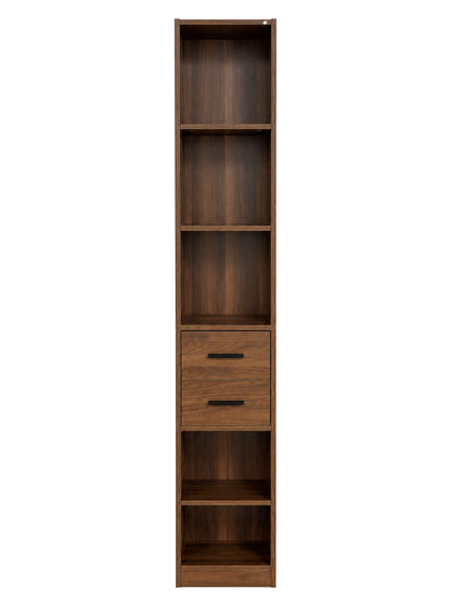 Tall Narrow Bookshelf, Slim Floor-Standing Storage Cabinet with 2 Drawers & 5 Open Shelves, Display cabinet for Living Room, Bedroom, Bathroom