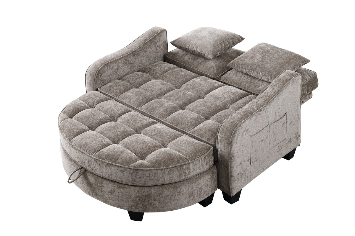 Two-seater sofa, double sofa chaise longue, with irregular armrests and backrests, footrest with storage space – Brown