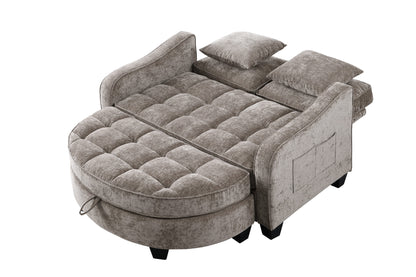Two-seater sofa, double sofa chaise longue, with irregular armrests and backrests, footrest with storage space – Brown