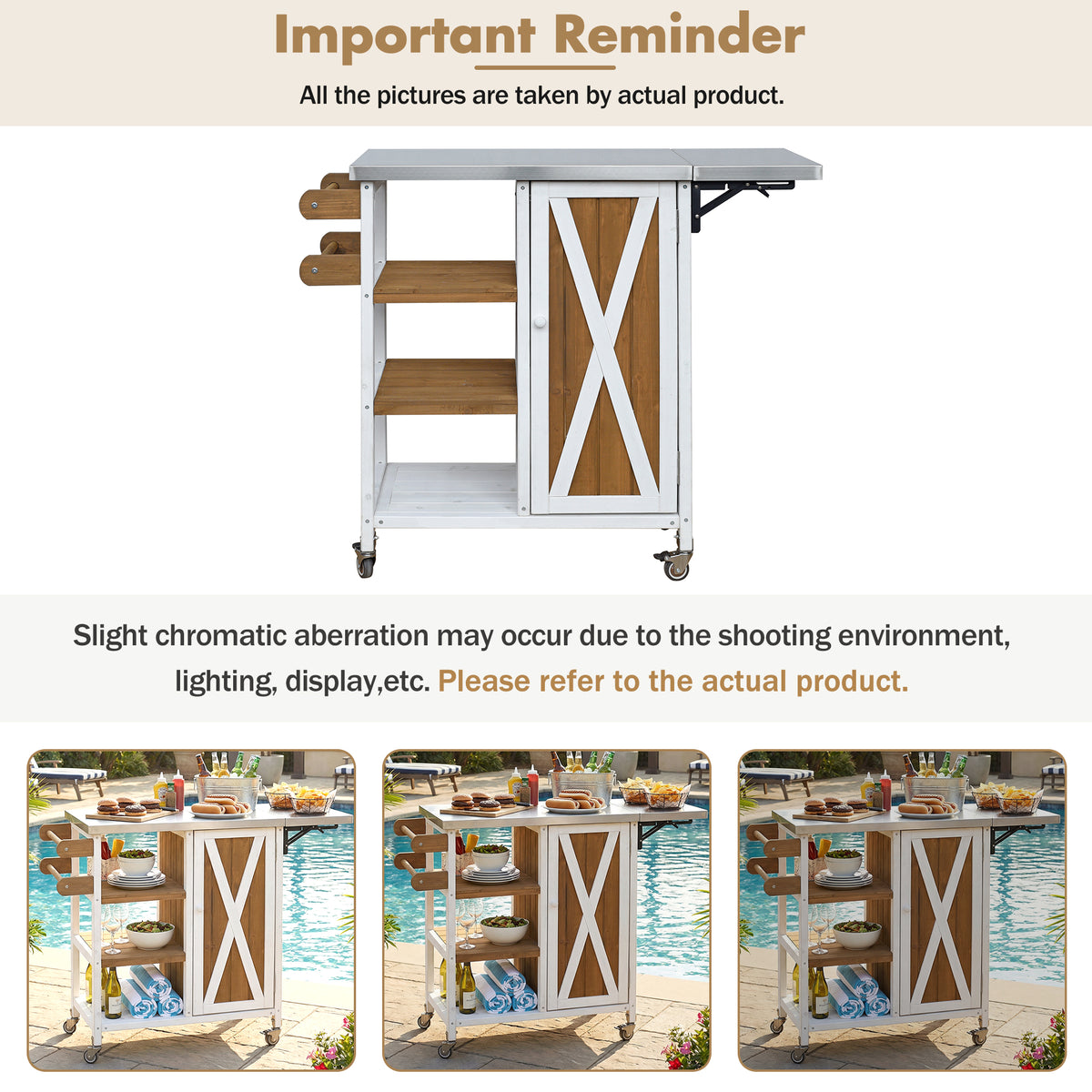 Foldable Outdoor Kitchen Island with Stainless Steel Worktop and Wood Frame, White+Brown, Portable Prep Station