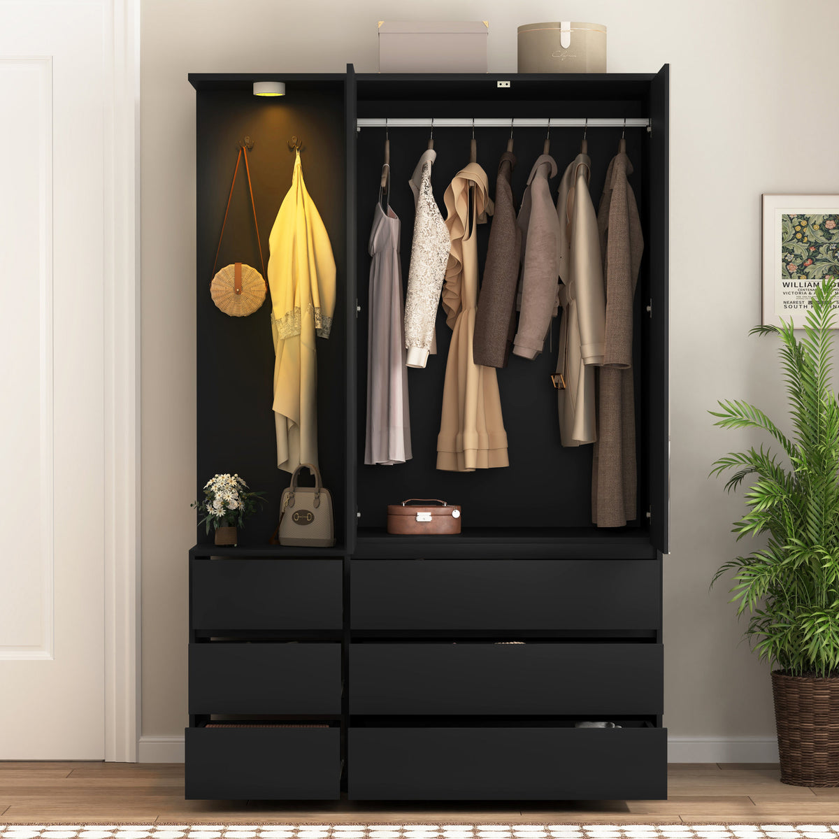 Wardrobe Closet 71.7" H, Bedroom Wooden Wardrobe with 2 Doors 6 Drawers – Black