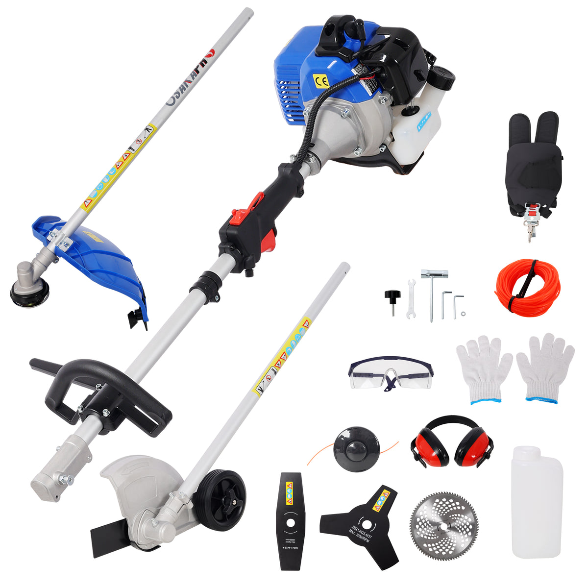7 in 1 Multi-Functional Trimming Tool, 33CC 2-Cycle Garden Tool Weeder with Metal Blades, Edger, Grass Trimmer, Ear Muff, Glove, Goggle, EPA Compliant