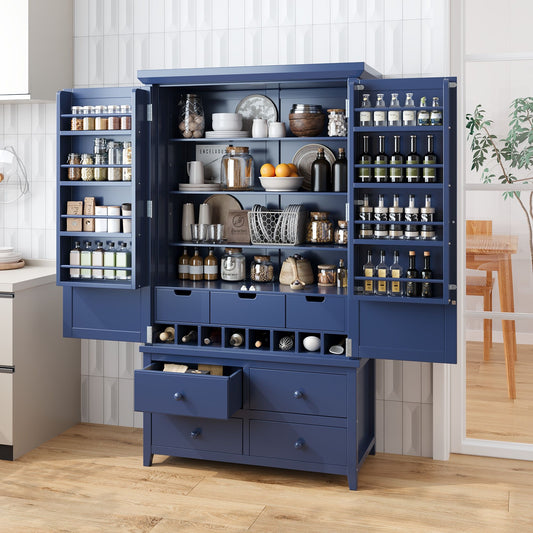 [Assembly&Show Video Available] TOPMAX Freestanding Large Kitchen Pantry Wooden Kitchen Storage Cabinet Cupboard with 8 Door Shelves – Blue
