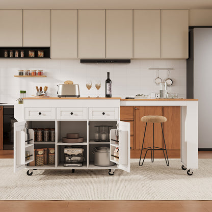K&K 85.5" Kitchen Island with Extendable Dining Table, Kitchen Storage Table with 3 Side Open Shelves – White