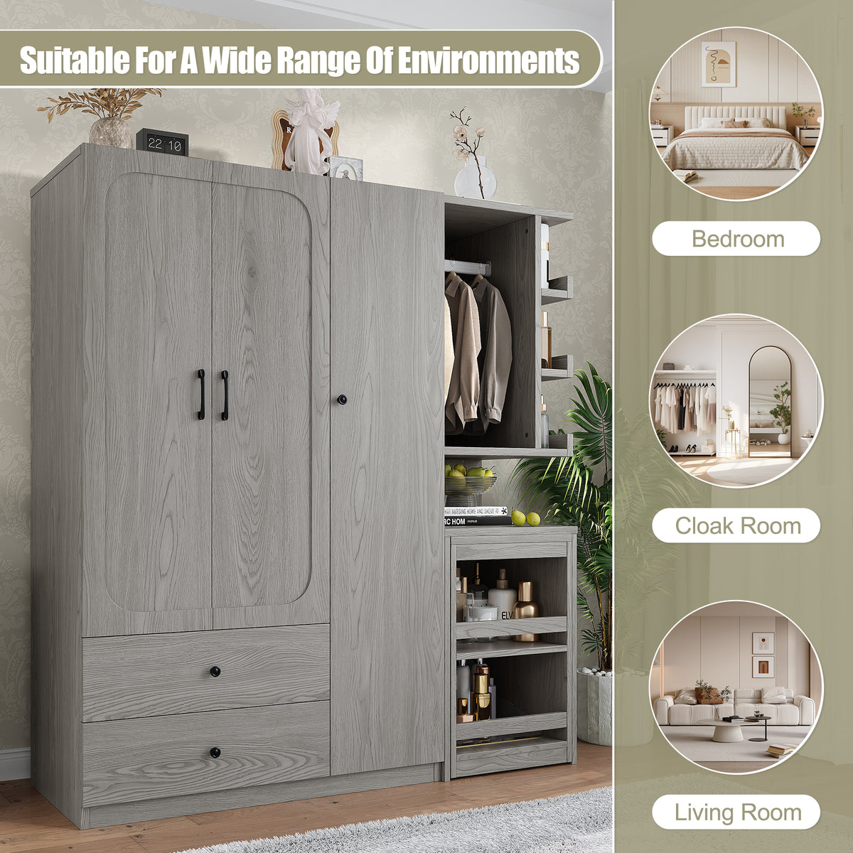 Multifunctional Wardrobe with 2 Doors and Hanging Rod, Wooden clothes closet with Convertible Desk and Storage Drawers – Model W1580S00476