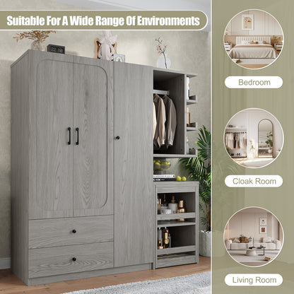 Multifunctional Wardrobe with 2 Doors and Hanging Rod, Wooden clothes closet with Convertible Desk and Storage Drawers – Model W1580S00476