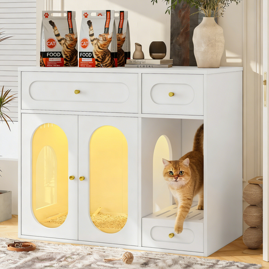 Cat Litter Box Enclosure with LED Light, Hidden Litter Box Furniture with Storage Drawers,Fit Most of Litter Box, Indoor Pet House with Acrylic Doors, End Table for Living Room, White