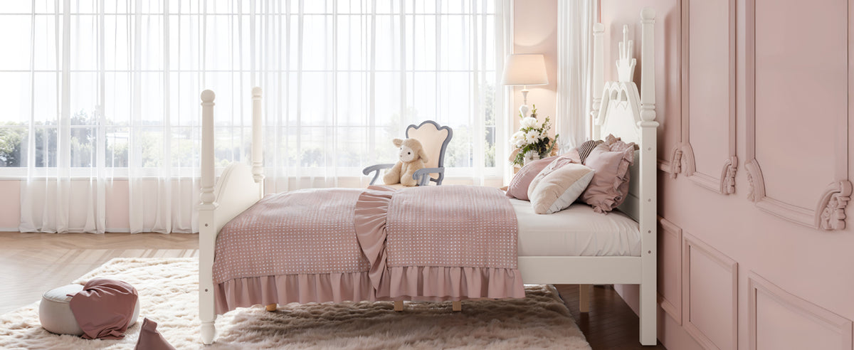 Full Size Crown Shaped Platform Bed, Four Poster Stylish Wooden Bed Frame, Elegant Curved Headboard Bed Frame For Bedroom,Beige