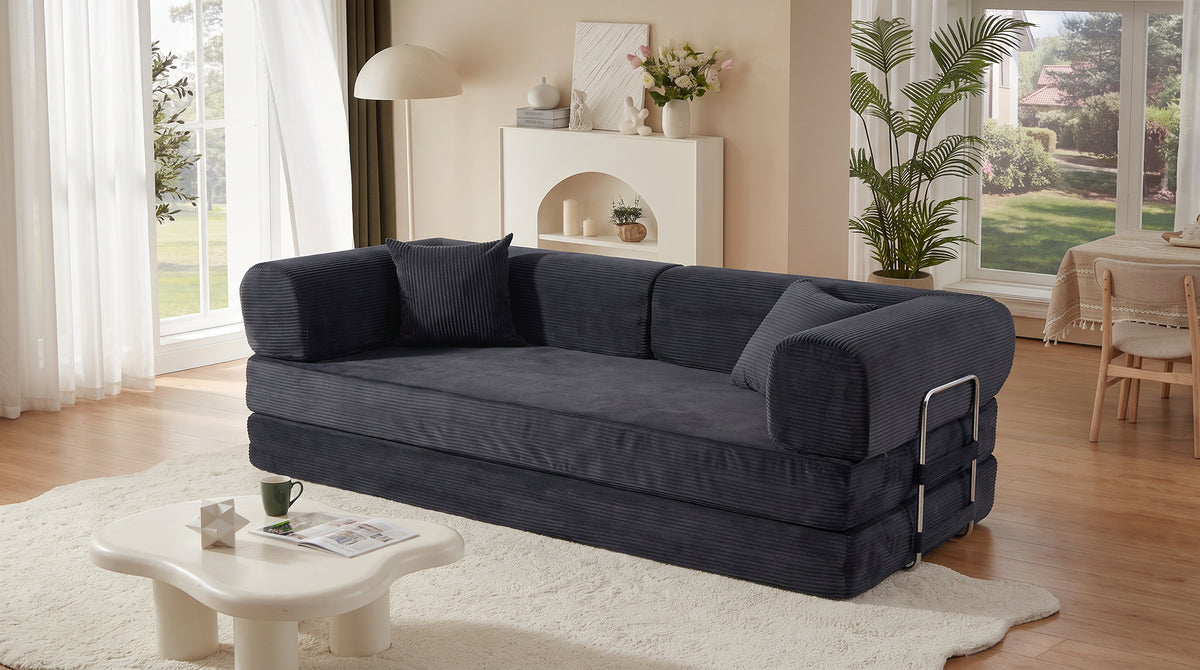 Convertible Sofa Bed, Folding Floor Couch Corduroy Fold Out Couch Bed Futon Sleeper Mattress with Pillows, Boneless Sofa for Living Room Bedroom,BLACK