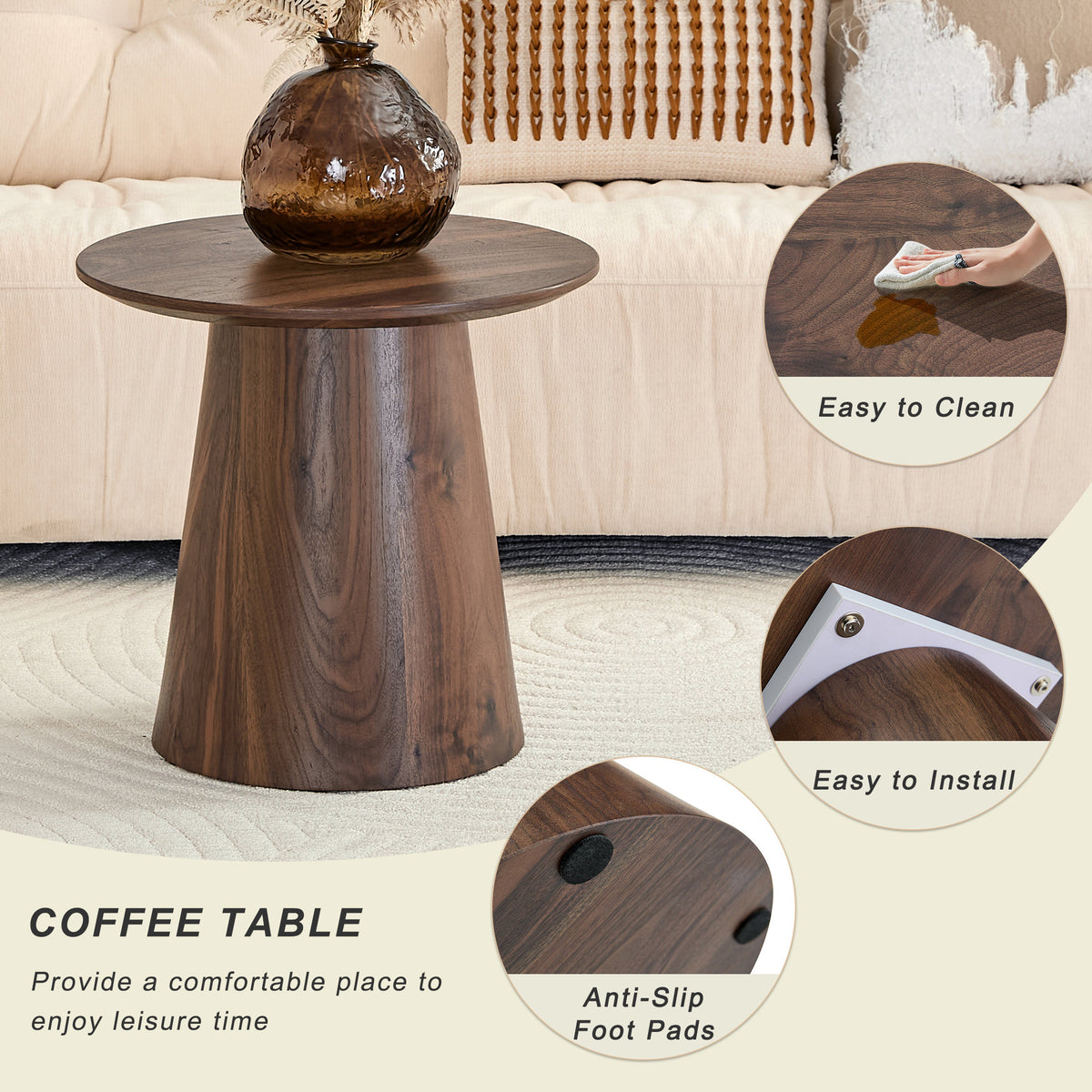 Walnut wood grain medium density fiberboard circular coffee table - diameter 19.6 inches, height 18.8 inches walnut wood grain veneer, flexible adaptation to circular tabletop.W2920P404128