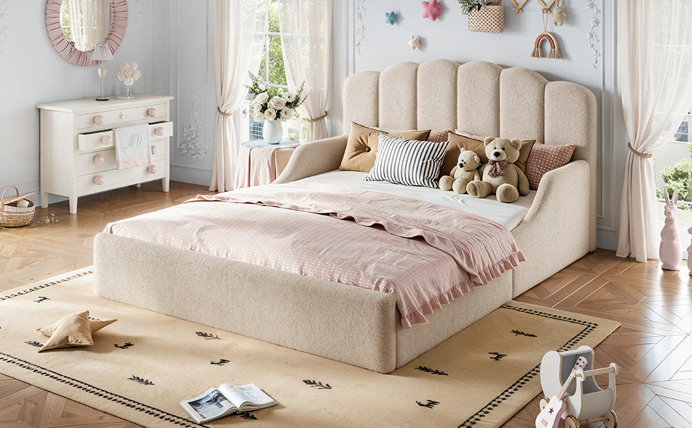 Queen Teddy Fabric Upholstered Floor bed, Stylish Upholstered Kids bed, Low Profile Children Bed Frame, Soft Plush Upholstered Floor bed for Kids &Teens.Beige