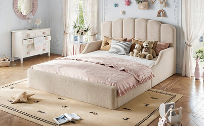 Queen Teddy Fabric Upholstered Floor bed, Stylish Upholstered Kids bed, Low Profile Children Bed Frame, Soft Plush Upholstered Floor bed for Kids &Teens.Beige