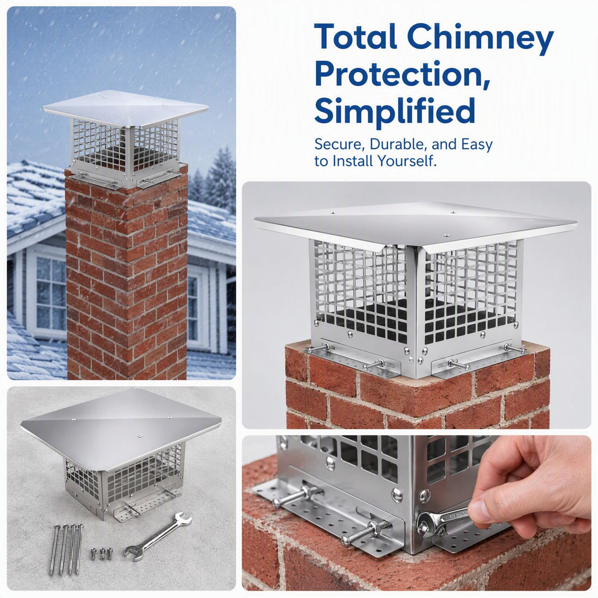 Stainless Steel Adjustable Chimney Cap for Home Fireplaces and Smoke Exhaust Systems, Silver, Thickened Stainless Steel, 15.75 x 15.75 x 9.84 inches