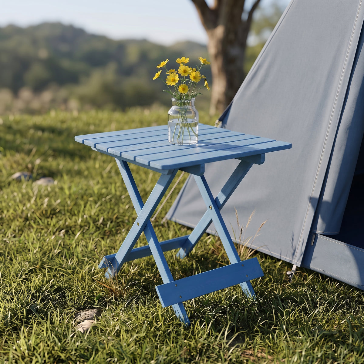 Folding Square Table Patio Outdoor solid wood Table for Backyard, Balcony, Portable Design Space-Saving Blue Color