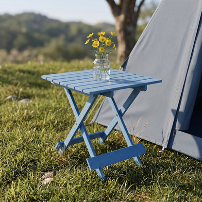 Folding Square Table Patio Outdoor solid wood Table for Backyard, Balcony, Portable Design Space-Saving Blue Color