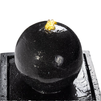 Floor‑Standing Water Fountain, Black Speckled Trapezoid Base Fountain with Smooth Sphere, Warm LED Light for Garden, Patio, Backyard Decor 14''×14''×34''