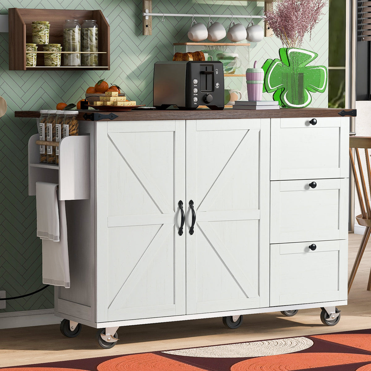 K&K 54.5" Farmhouse Kitchen Island with Power Outlet, Kitchen Storage Island with Internal Storage Rack, Drop Leaf, Spice Rack