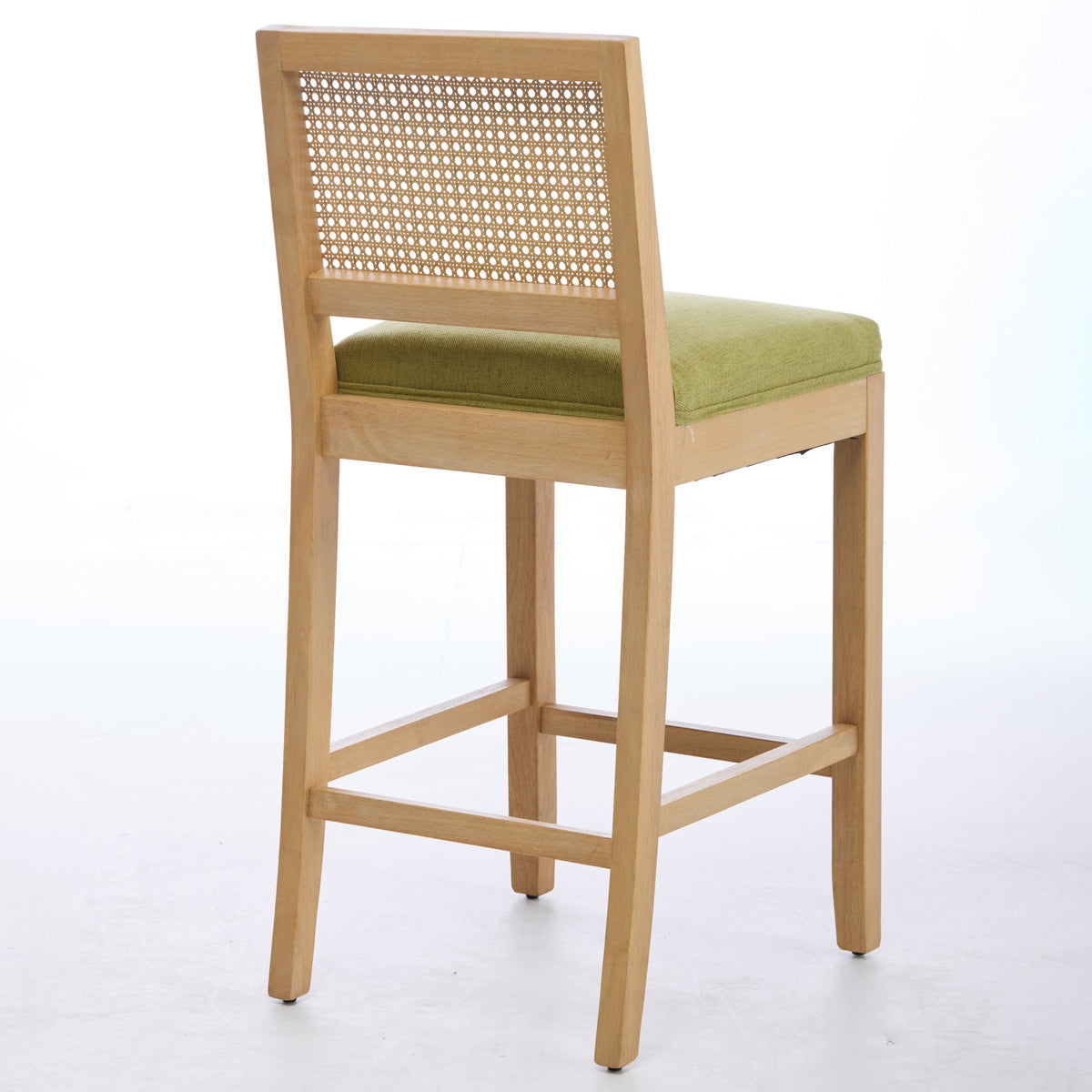 Full Solid Wood Rattan-Back Bar Stool, Matte Linen Cushion with High-Resilience Foam & S-Springs, Ideal for Rustic/Natural Style Kitchen Island, Low Bar in Dining Room & Café,Set of 2,Green,SW1872OL