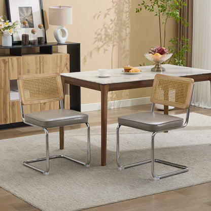 Dining Chairs Set of 2,Mid‑Century Modern Cane Rattan Dining Chair with Solid Wood Frame,Faux Leather Upholstered Seat,Cantilever Chrome Metal Frame Armless Side Chair for Kitchen Dining Room,SW1751GG