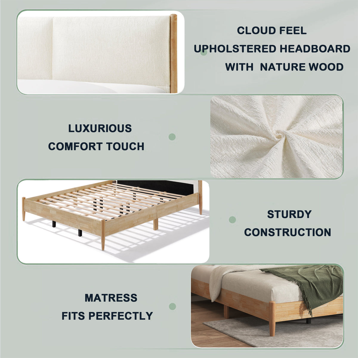 King Natural wood  Bed Frame with White Cozy Upholstered Headboard