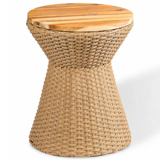 SOLHOME 14.2" Polyrattan Stool with Wood Lid, Natural Resin Wicker Accent Table – Indoor Outdoor Side Table with Steel Frame