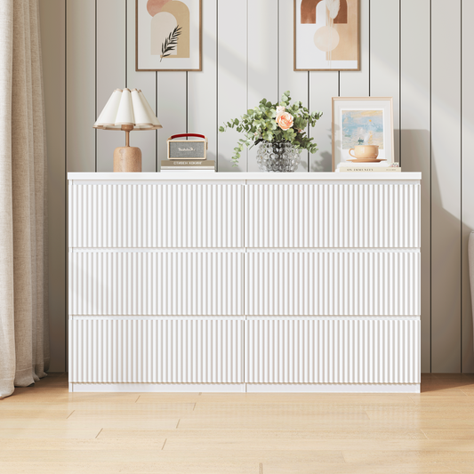 Modern White 6 Drawer Dresser, Wave Panel Drawer Fronts, Storage Cabinet, Versatile Chest of Drawers for Bedroom, Living Room - Sleek & Spacious Home Storage Solution