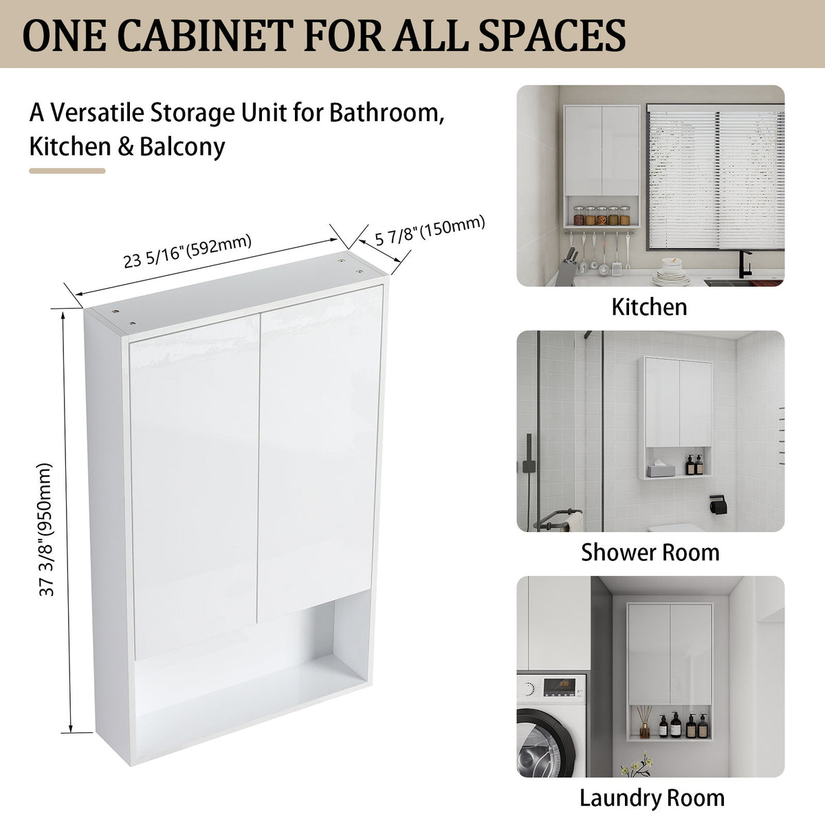 24" Bathroom Wall Cabinet, Soft Close Doors, Float Mounting Design,Glossy White,(KD-Packing)