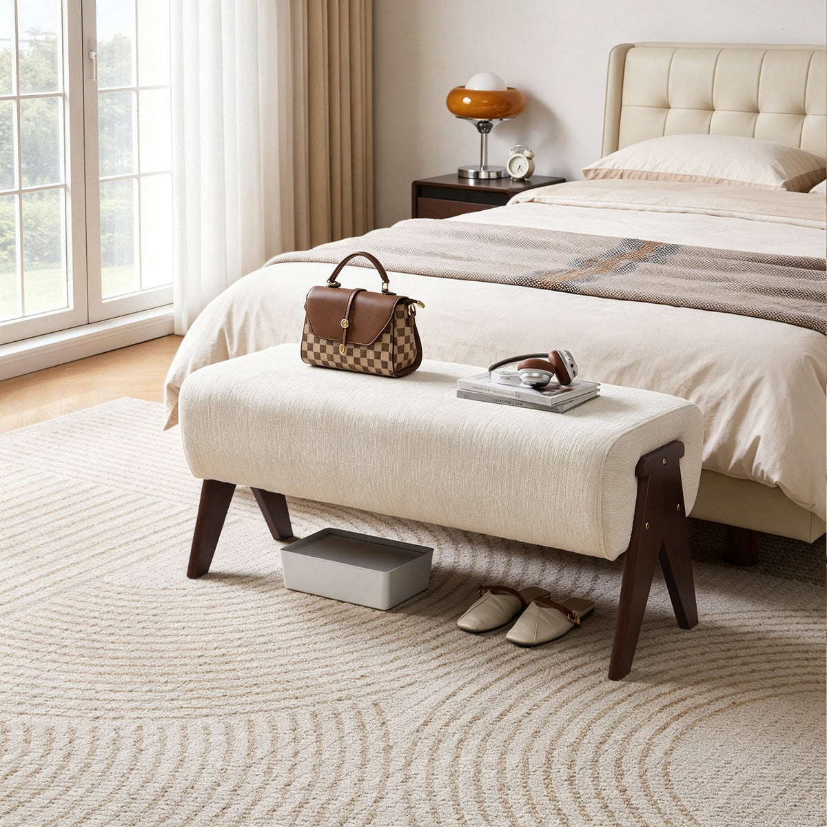 Modern Decorative Chenille Fabric Bench, Ergonomic Padded Entry Bench with Solid Wood Legs, Upholstered Ottoman Bench for Foyer Bedroom Living Space