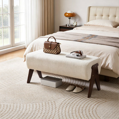 Modern Decorative Chenille Fabric Bench, Ergonomic Padded Entry Bench with Solid Wood Legs, Upholstered Ottoman Bench for Foyer Bedroom Living Space