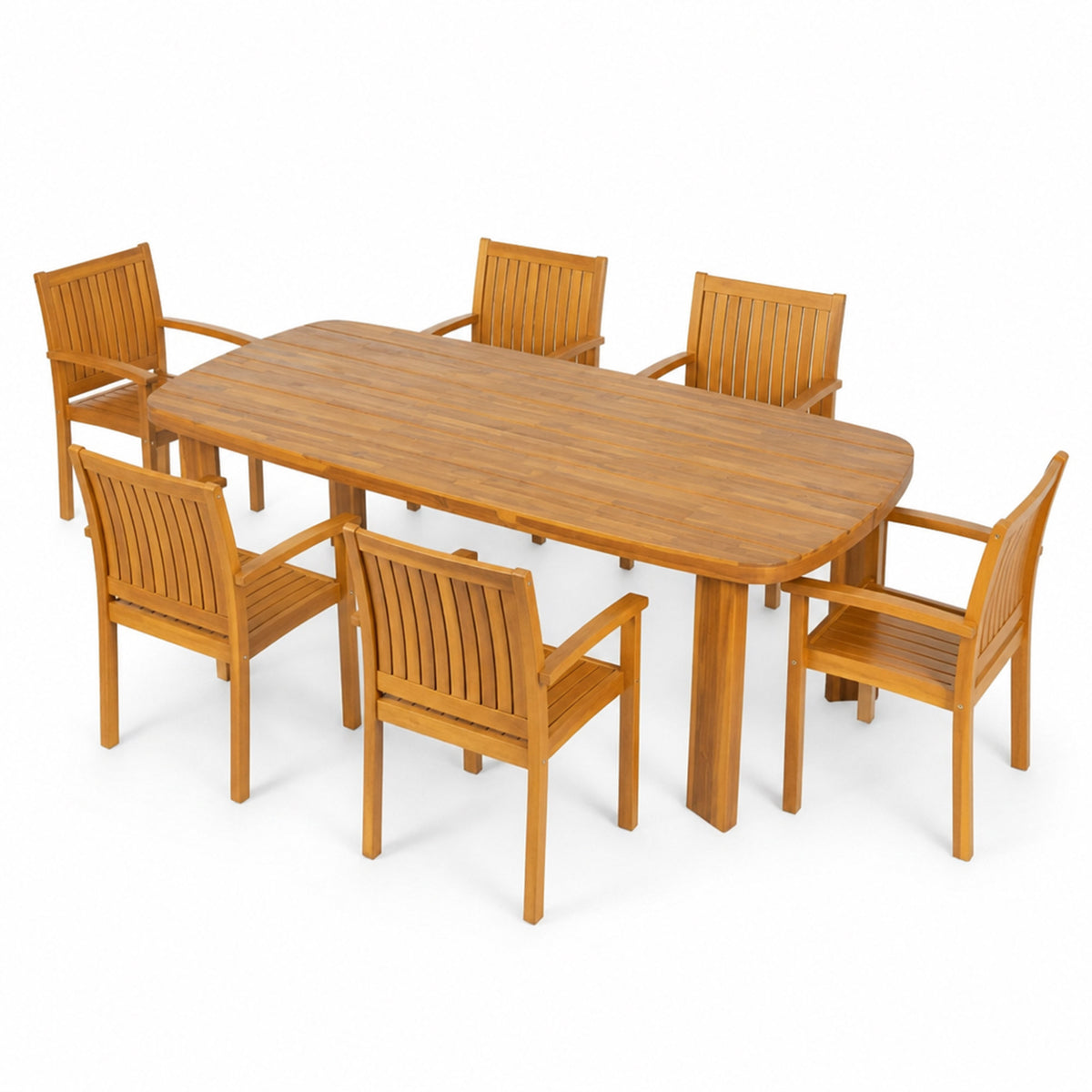 7‑Piece Acacia Wood Outdoor Dining Set, 71' Oval Teak Finish Patio Table & 6 Slatted Arm Chairs, Solid Acacia Wood Frame, Weather‑Resistant for Backyard Garden Deck