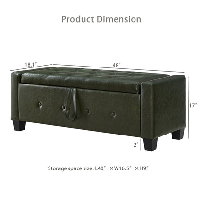 48" Ottoman Bench with Storage, Upholstered Tufted Faux Leather PU Ottoman Dark Green