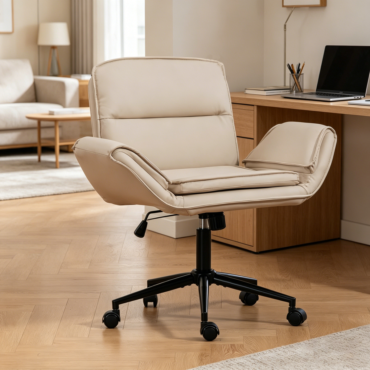 Criss Cross Chair with 5-Gear Adjustable Armrests & Wheels, Ergonomic Thickened Backrest Swivel Desk Chair for Home Office, Vanity, Bedroom and Living Room, Beige Pu