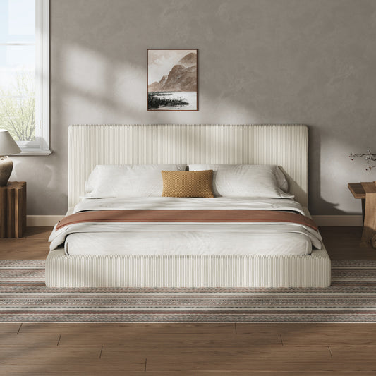 King Size Upholstered Bed Surround, Soft Corduroy Cushioned Bed Surround with High-Density Sponge, Low Profile Bedroom Bed Surround, Cream, Bed Frame Not Included.