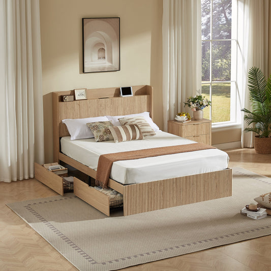 Queen Size Platform Bed Frame with 4 Storage Drawers and Built-in Charging Station, Wooden Storage Box Bed, Large Capacity Organizer Bed Frame for Bedroom,Natural