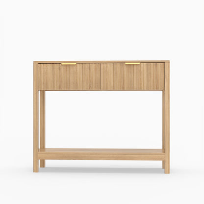 Mid-Century Modern Fluted Console Table with 2 Drawers & Open Shelf, Oak Finish Narrow Entryway Table, Slim Sofa Table for Hallway, Living Room, Small Spaces, Easy Assembly