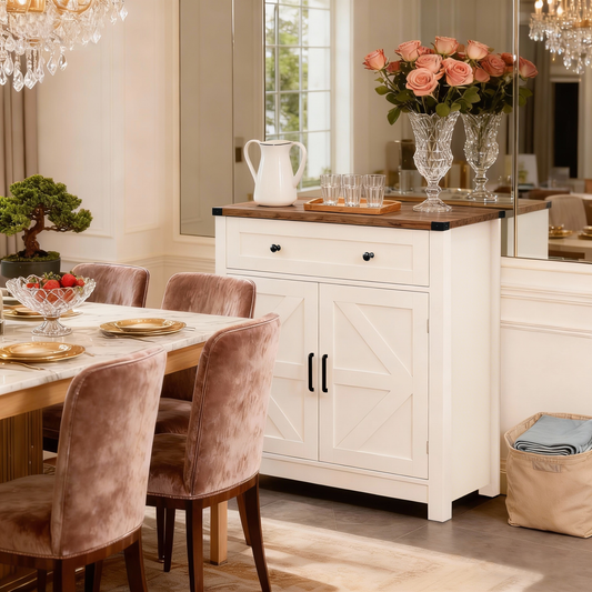 White & Wood-Grain Top Farmhouse Barn-Door Storage Cabinet, Coffee Bar Buffet Sideboard with Drawer