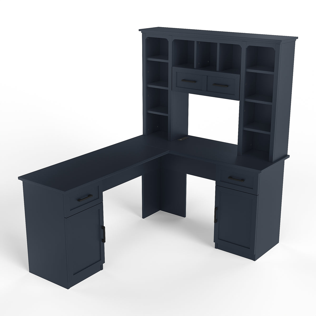L-Shaped Computer Desk with 2 Cabinets and 2 Drawers, 11 Open Shelves and 1 Right Flip Shelf with Storage, with Power Outlet, Antique Blue