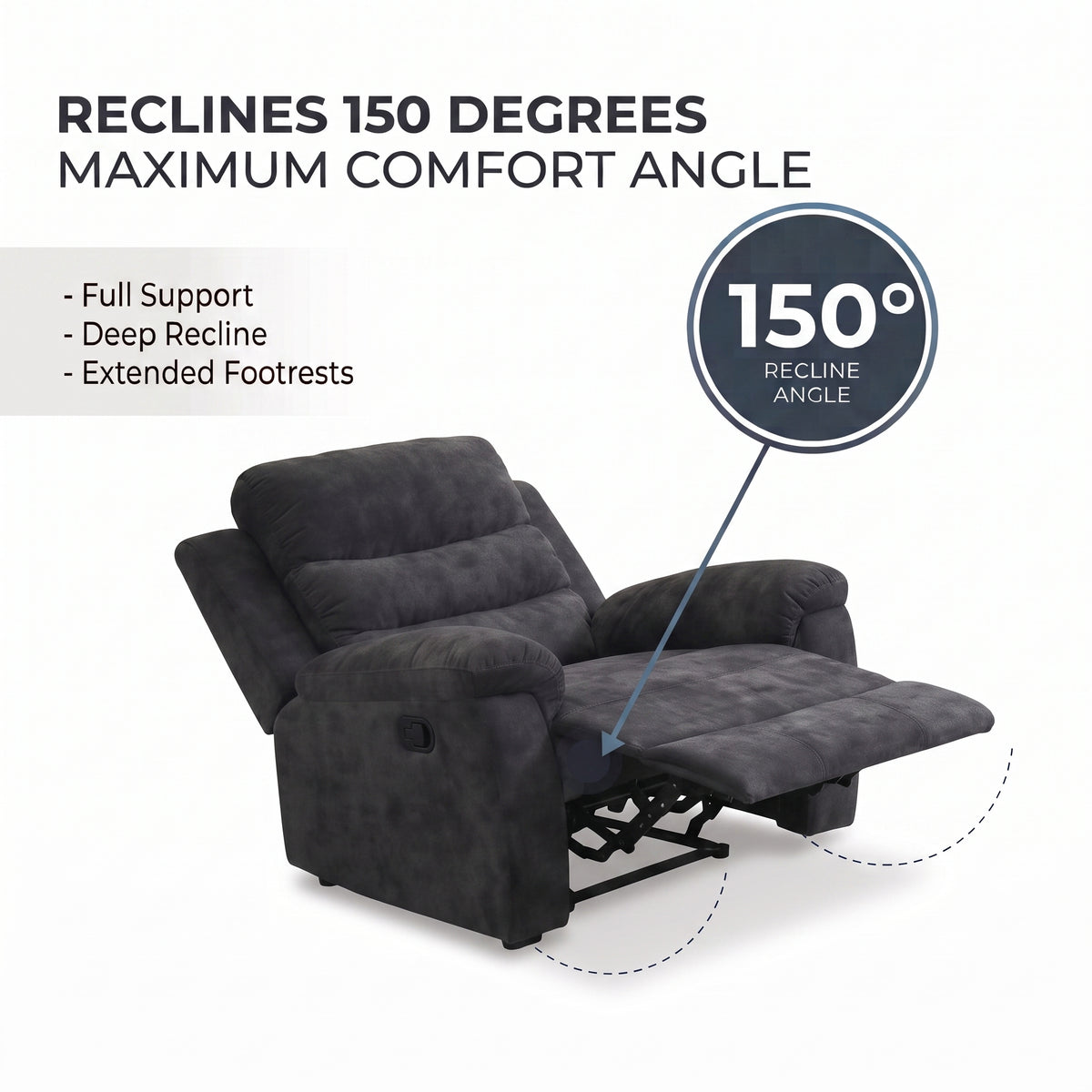 35 Inch Single Manual Recliner Chair, Dark Gray Textured Fabric Reclining Sofa Chair with 150° Deep Recline, Extended Footrest, High Density Foam, Ergonomic Lounge Chair for Living Room Bedroom