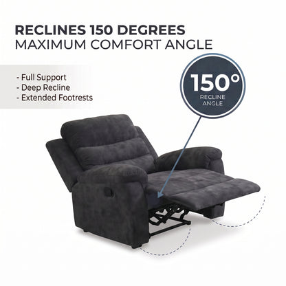 35 Inch Single Manual Recliner Chair, Dark Gray Textured Fabric Reclining Sofa Chair with 150° Deep Recline, Extended Footrest, High Density Foam, Ergonomic Lounge Chair for Living Room Bedroom