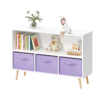 Kids bookcase with Collapsible Fabric Drawers, Children's Book Display, Toy Storage Cabinet Organizer, White/Purple