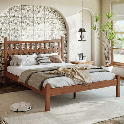 Full Size Bamboo Platform Bed with Diamond-shaped headboard, Solid Bamboo-made Bed Frame with Support Slats, for Bedroom, Guest Rooms, Brown